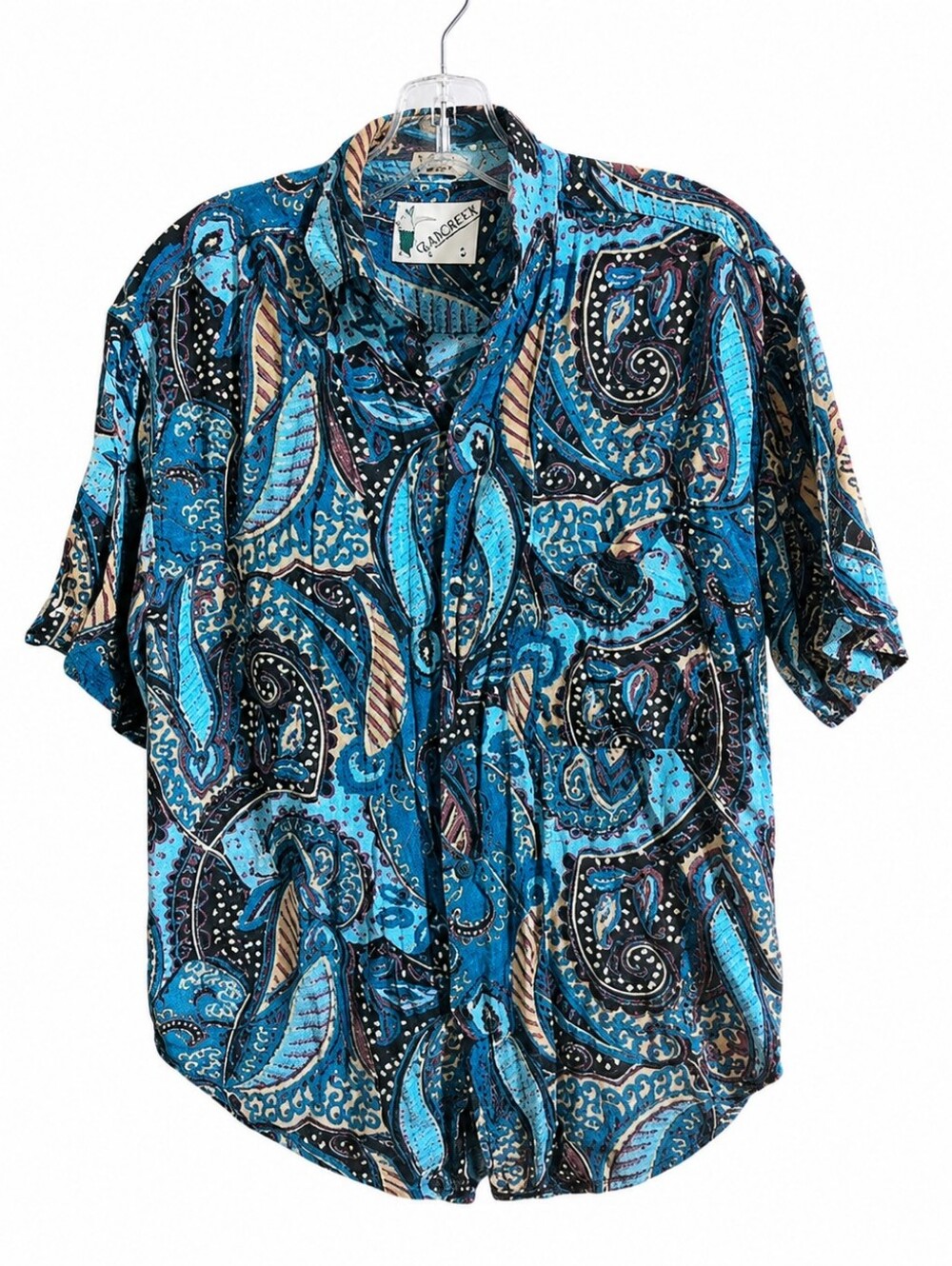 Goouch Men's Large Blue Paisley Abstract Print Button-Up Shirt Short Sleeve